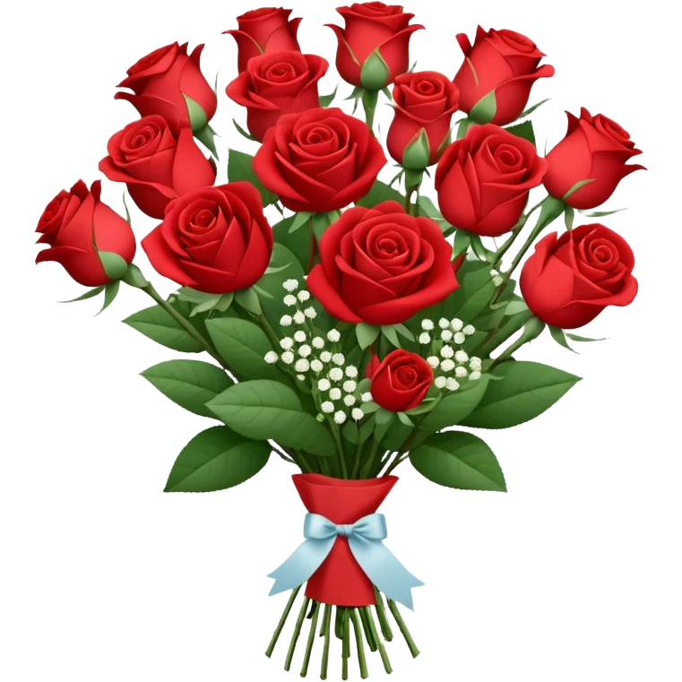 A paper-wrapped bouquet of fresh roses and baby’s breath emoji