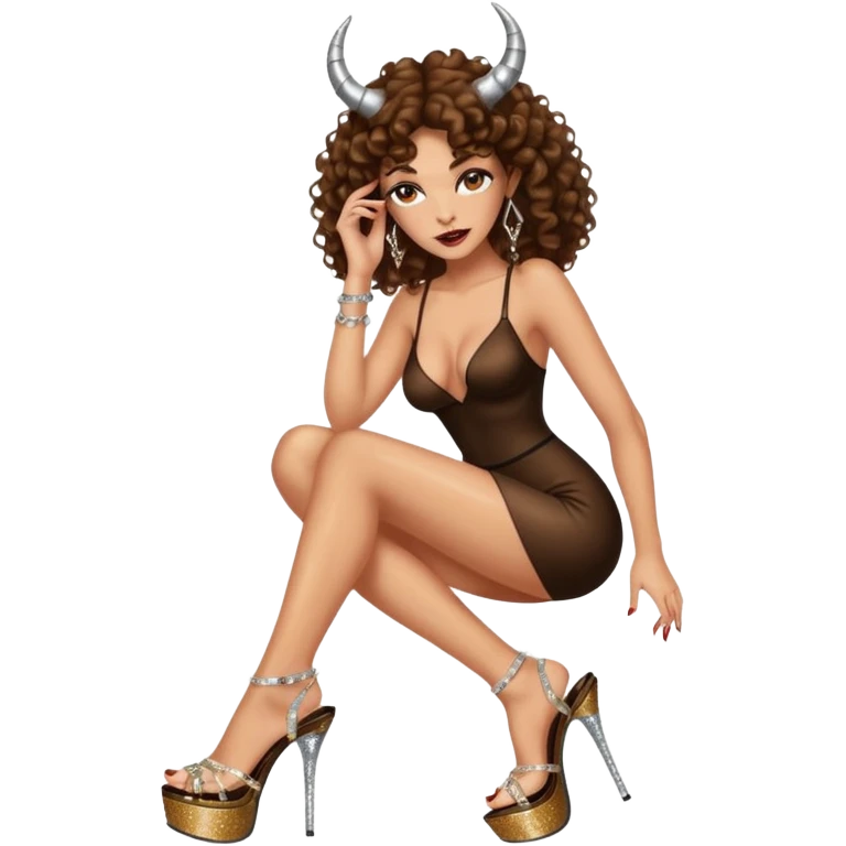 seductress evil brown curly haired sexy drug lord woman with clear glittery platform heels on her feet and horns on her head, holding  emoji