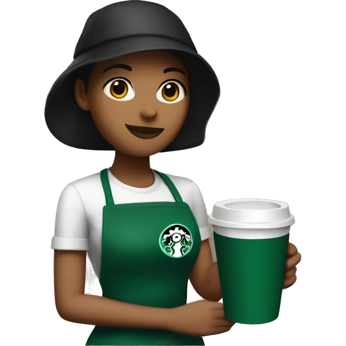 starbucks barista girl with green apron & black cap holding a hot cup of coffee emoji