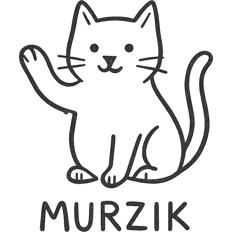 hand-drawn black outline icon of a cat named Murzik, standing with a raised paw emoji