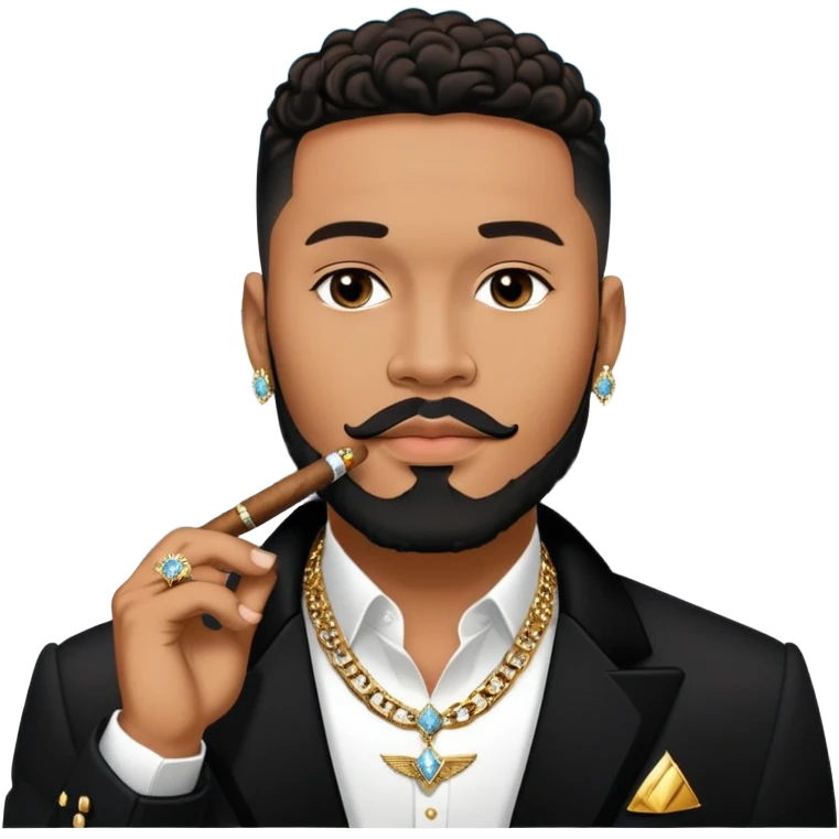 portrait of a Josh king Madrid in black with a gold private plane behind him . Wearing big sparkly diamond earrings and diamond chains on with a cigar in his mouth. Light black clean perfect lined up thin-beard . Looks unfazed cool emoji