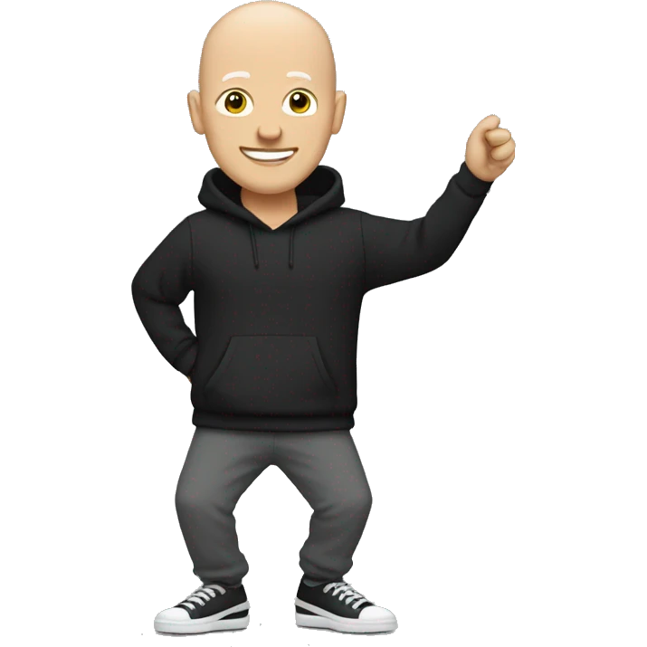 a bald white man, with a black sweater and gray jogging pants and dancing shoes emoji