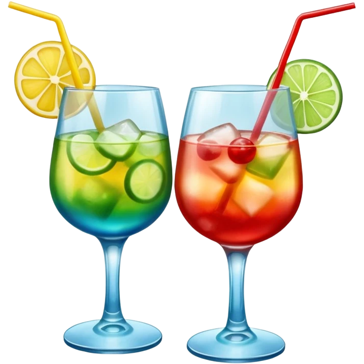 Create an emoji of two cocktails cheers action, one glass of green and yellow color and one glass of blue and red, without any fruit, make a toast asction emoji