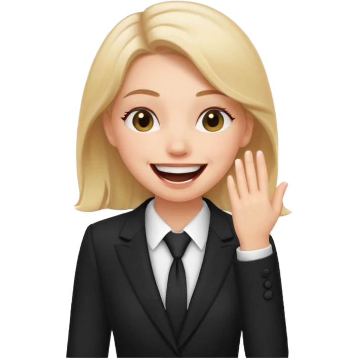 a white girl in a formal suit laughs, covers his mouth with his hand emoji