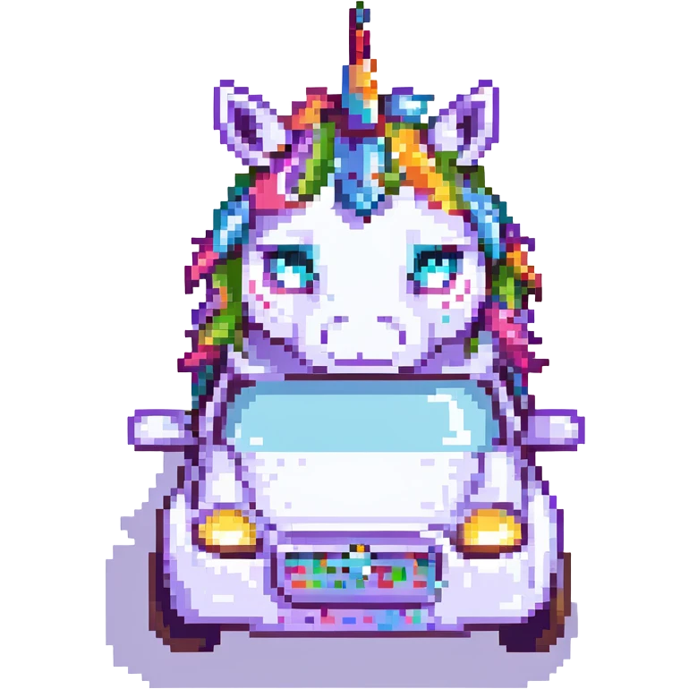 Place a dirty, crumpled unicorn with bags under its eyes, a drooping horn, and a bright shiny headband behind the wheel of a car in a pixel art style. Maintain the pixel art style and the unicorn's described features. emoji