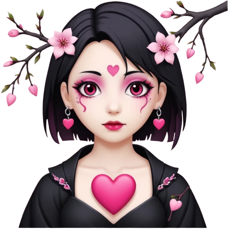 goth sakura heart, heart pierced by sakura branch, white and pink emoji