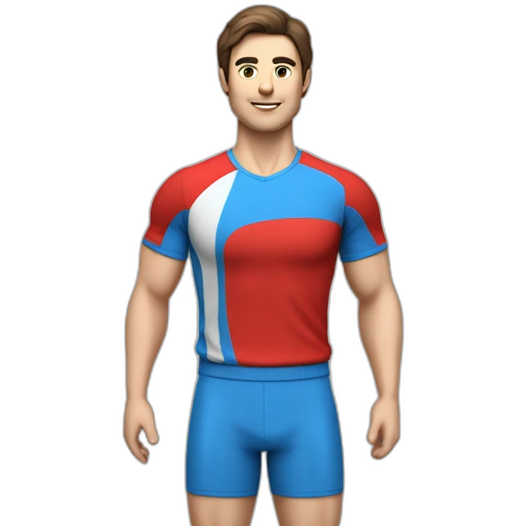 retro 70s blue and red gym clothes for a modern white brunette uni male student with glass emoji
