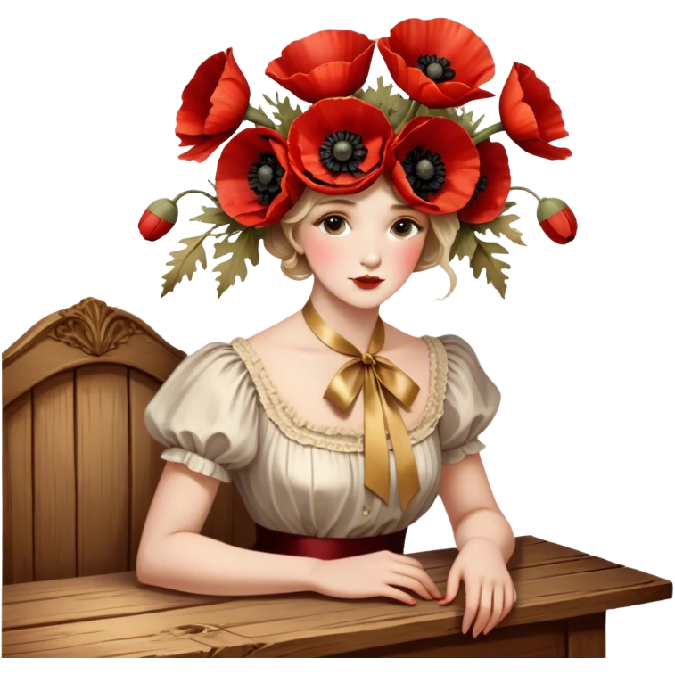 A lush bouquet of deep red poppies tied with a faded gold ribbon, resting on an antique wooden table. Warm brown leaves and golden sunlight add a vintage charm. emoji