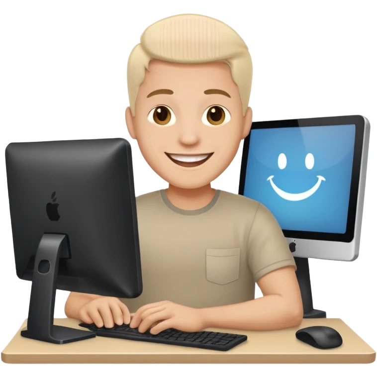 man working at computer, big smile, joyful emoji