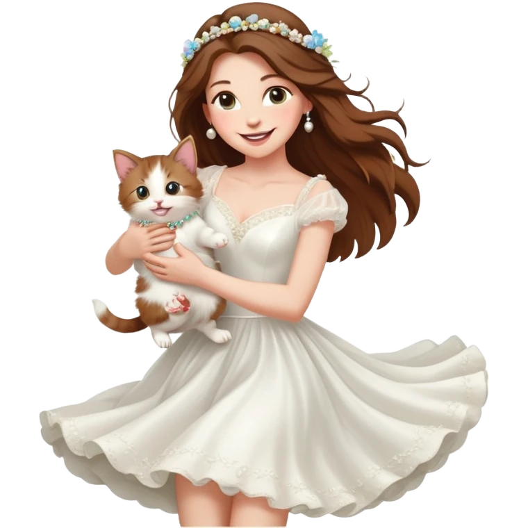 White woman - long hair - white wedding dress - holding a kitten - happy - jumping - fashionable - elegant - bouquet - dreamy - colorful - pearl accessories emoji