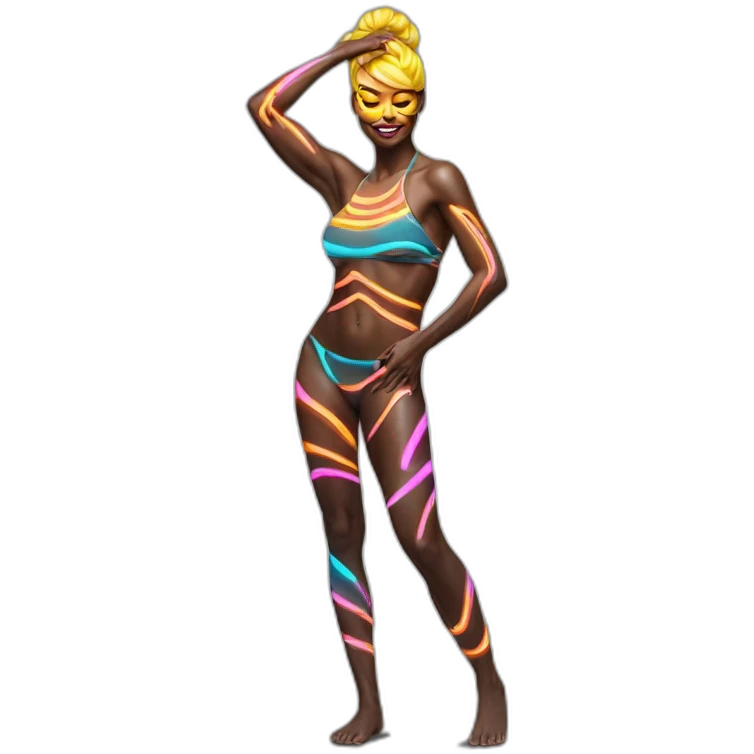 Hyper-realistic neon sign shows sultry fitness model figure in striped body paint from behind emoji