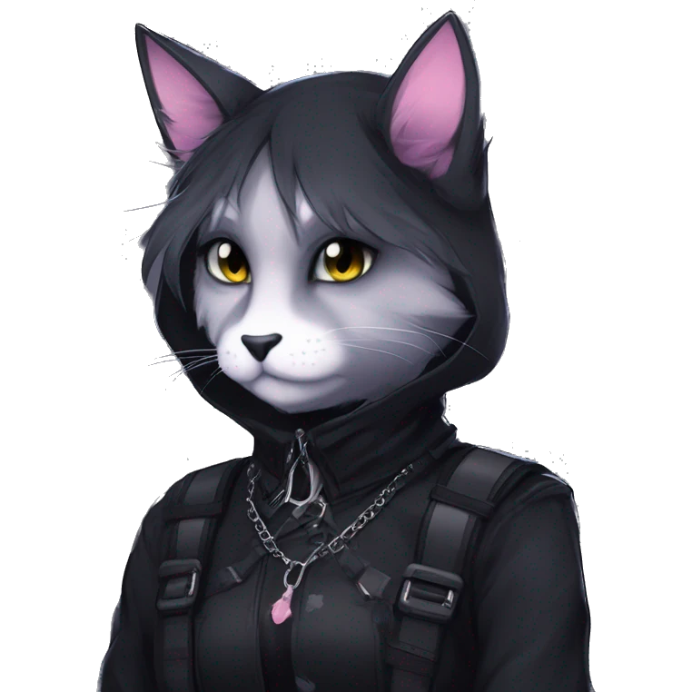 Gorgeous furry gothic dark techwear anime style anthro black cat fursona with blushing face aesthetic and pretty edgy black with collar and harness trending style emoji
