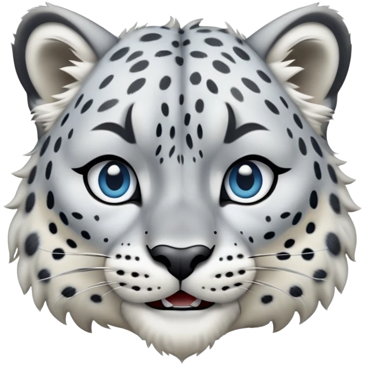 Cinematic-Comical-Snow-Leopard-Portrait-Emoji – Head tilted dramatically with an exaggeratedly amused expression, featuring a thick, spotted white-and-grey coat with a dense ruff around the neck, wide, piercing icy blue eyes filled with playful disbelief zoomed out showing the shoulders emoji