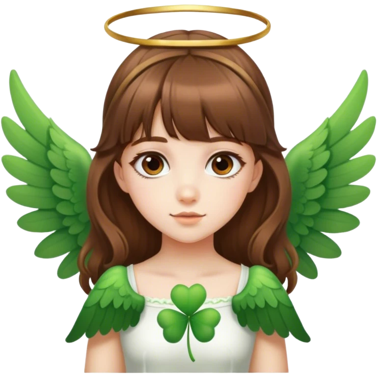 girl in brown hair ant has a cute bangs, wear wings, clover on her hair emoji