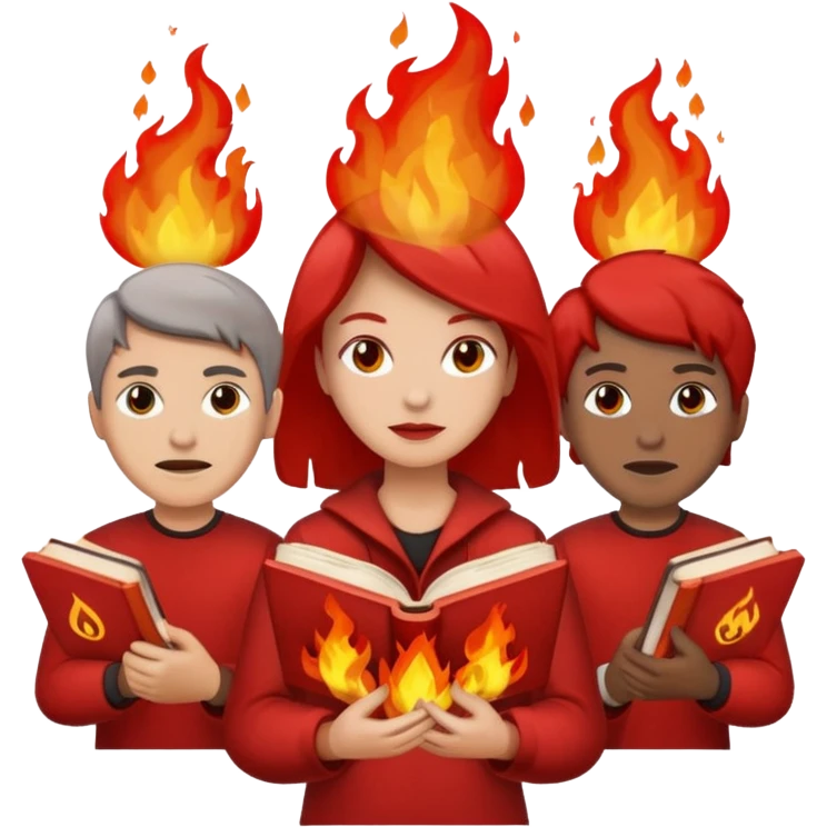 Chinese culture revolution, a group of ppl wearing red, buring books emoji