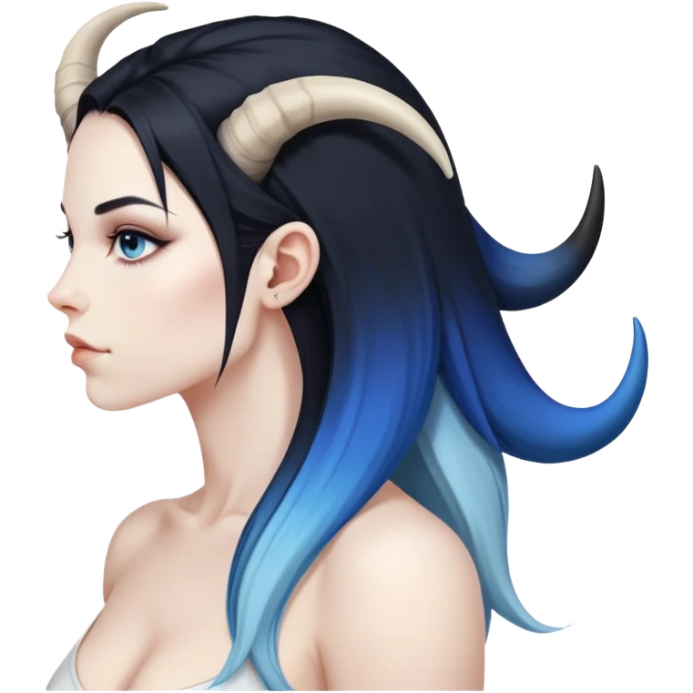 Art of a human white woman's very very sexy body scheme anatomy-very long straight black to blue hair ombre-left side view-small goat horns emoji