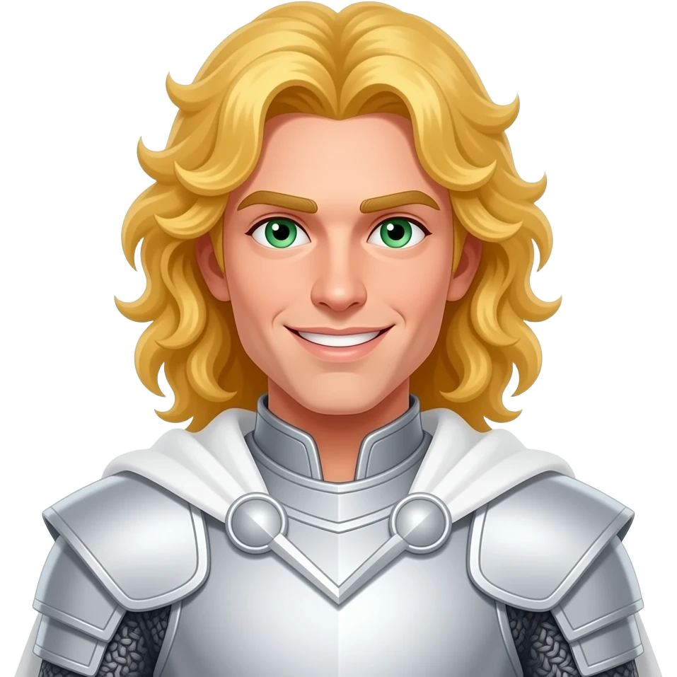 A white man with long curly, bright golden hair put in a middle part. He is wearing white armour with a white cape. He is clean shaven and has a smile that cuts like a knife. He also has emerald green eyes. He has a sharp jawline. He is in his early thirties. He is extremely handsome. emoji