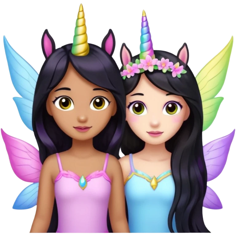 Earthreal sparkly angelic mystical magical shiny pretty Fairy. Dark Brown eyes. Caramel skin. Long black hair. White, hot pink and light blue and lavender and light green and light yellow fairy wings. Friend unicorn  emoji