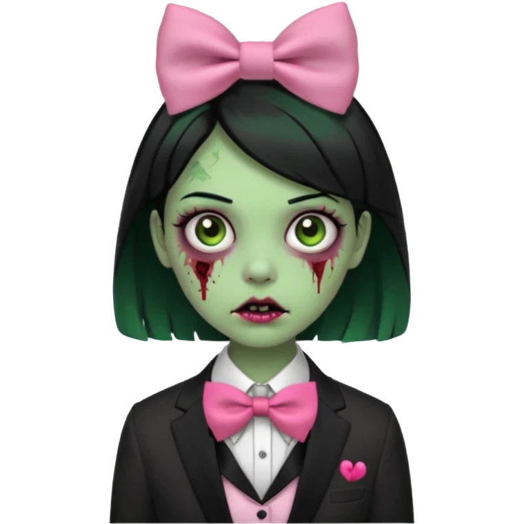 zombie green skin girl, black hair with pink bow tie emoji