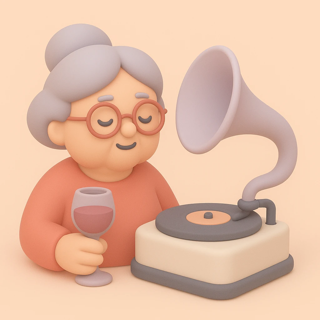 old lady with wineglass listening to gramophone emoji