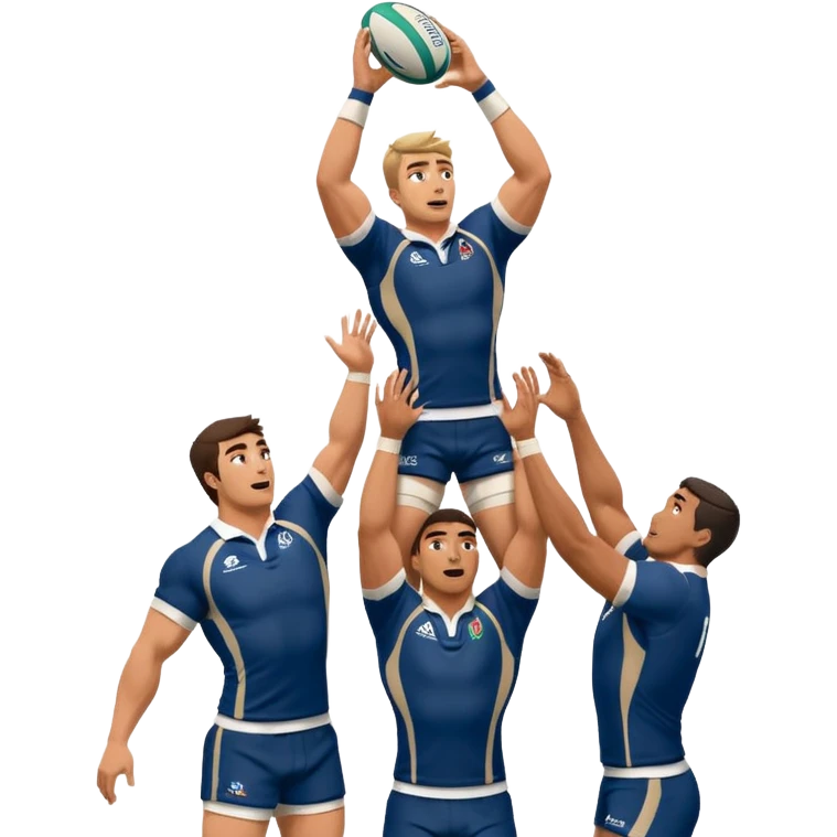 two rugby players lifting another player to catch a ball in a lineout in rugby, only 3 players in the image emoji
