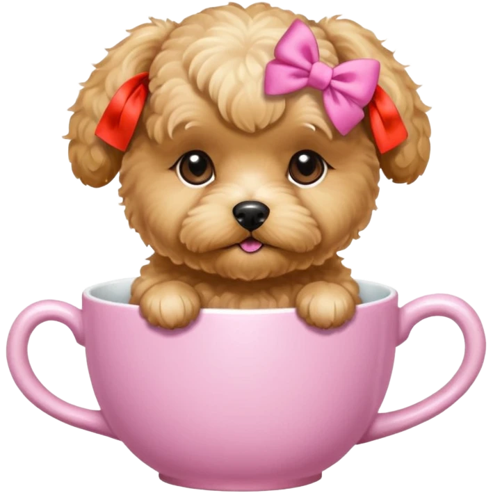 Golden maltipoo dog with pink bow k bow that is very poise make it have a cup of tea emoji