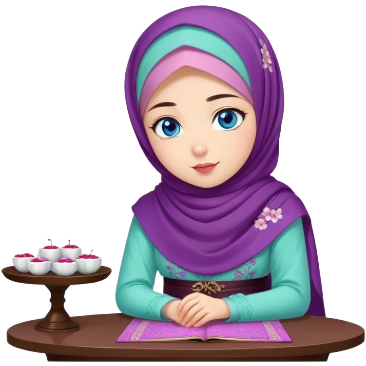 Turkish beautiful finish Konya girl blue eyes with cherry blossom floral purple and mint hijab islamic dress and with yummy Drooling face on the table emoji