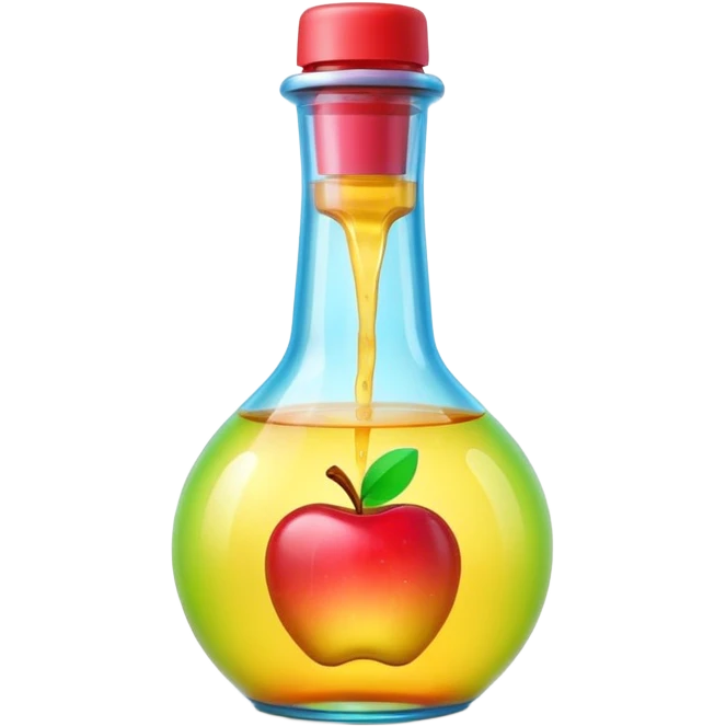 A 3D Apple-style beverage bottle emoji, transparent glass filled with colorful liquid (like soda or juice), shiny surface with light reflections, simple round body with a narrow neck and cap, clean minimal background. emoji