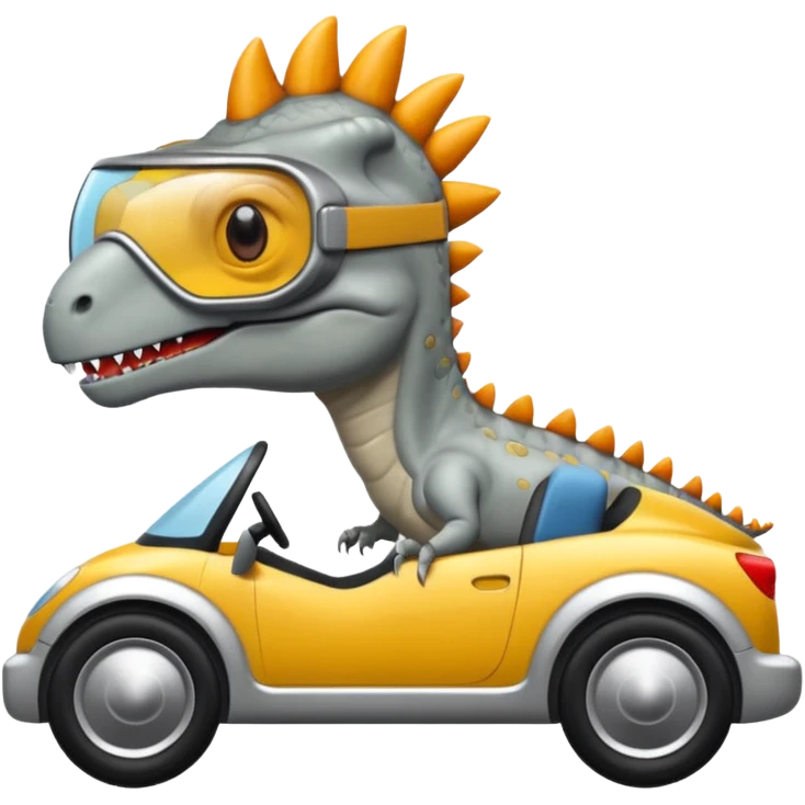 Dinosaurio  gris subido en un carro blanco tecnológico con lentes de realidad virtual emoji