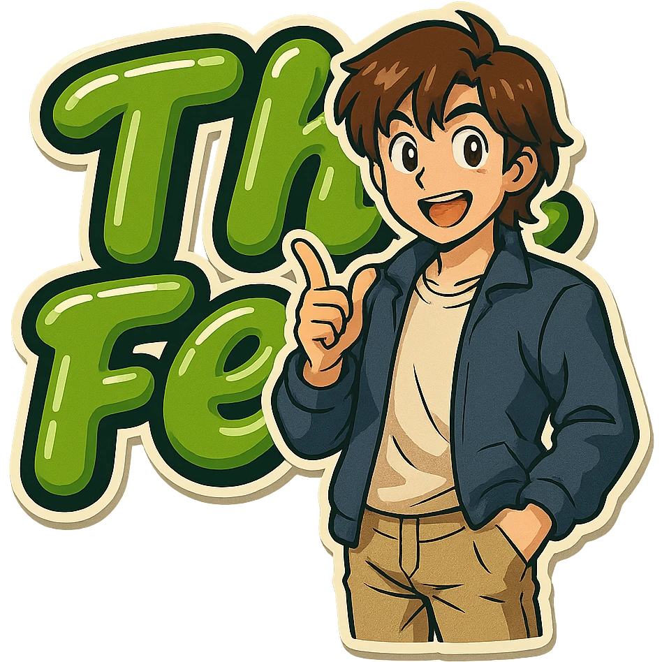 Add a brunette anime man standing in front of the green bubble letters that say 'The Fern' with a black outline. The man should have medium-length brown hair, stylish casual clothes, and an expressive anime face. Keep the rounded, glossy, energetic vibe. emoji