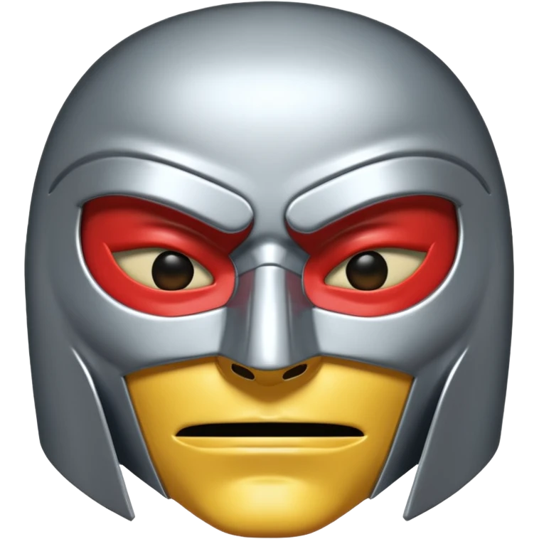 A chrome or steel mask that covers the entire face except the eyes and mouth, with a stern, mysterious expression. The design has sharp cheek ridges, a center forehead line, and vent-like slits near the mouth — giving it that mix of ancient warrior and supervillain tech. emoji