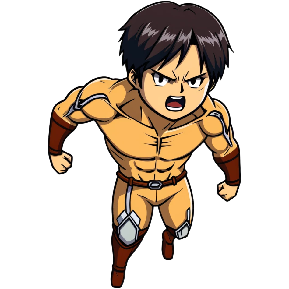 Eren's Attack Titan form, aggressive pose, muscular body with long dark hair emoji