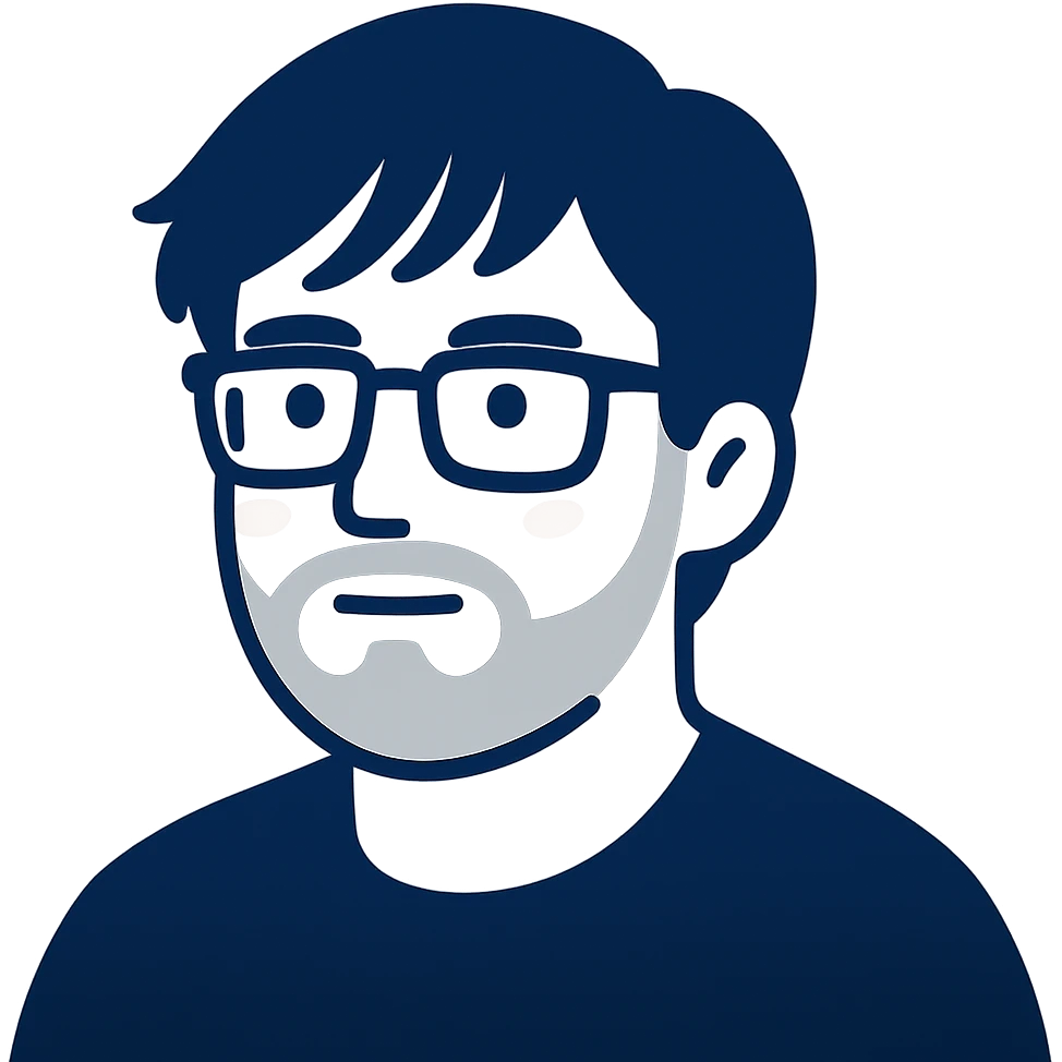 A thoughtful man with rectangular glasses, fashionably tousled longer hair with trendy bangs that frame the face nicely, a naturally round face, and a slightly wider nose. Use dark blue for all main features and line work, minimal pink highlights only on the cheeks, and light gray tones only for the neat short beard and subtle shadows. emoji