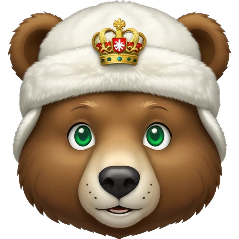 Friendly brown bear face with emerald green eyes, white furry ushanka winter hat with prominent Russian Federation coat of arms, iOS emoji style emoji
