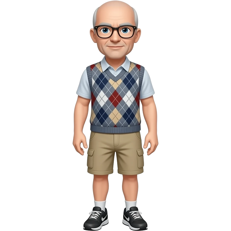 older hairless white man with thin framed glasses, a sweatervest, beige cargo shorts and black running shoes emoji