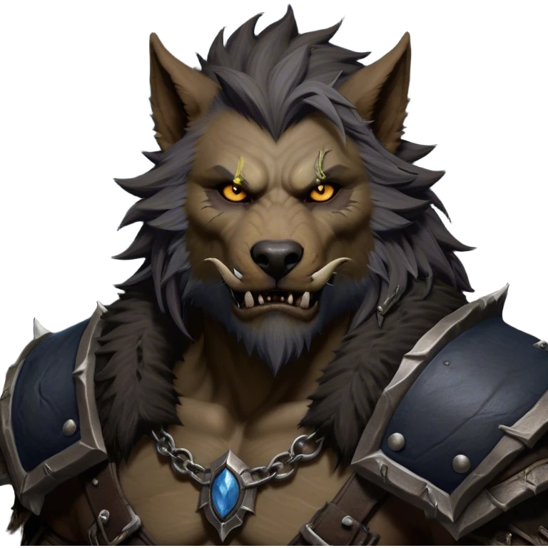 Cinematic Realistic WoW Worgen Portrait, depicted as a fearsome blend of man and beast, with rugged, dark fur intermingling with tanned, weathered skin. His piercing amber eyes and fierce expression are framed by disheveled hair and subtly detailed, worn leather attire in dark, consistent hues. Rendered with lifelike texture and dramatic, natural lighting, high shine, noble and formidable, capturing the primal nobility of a legendary worgen warrior. emoji