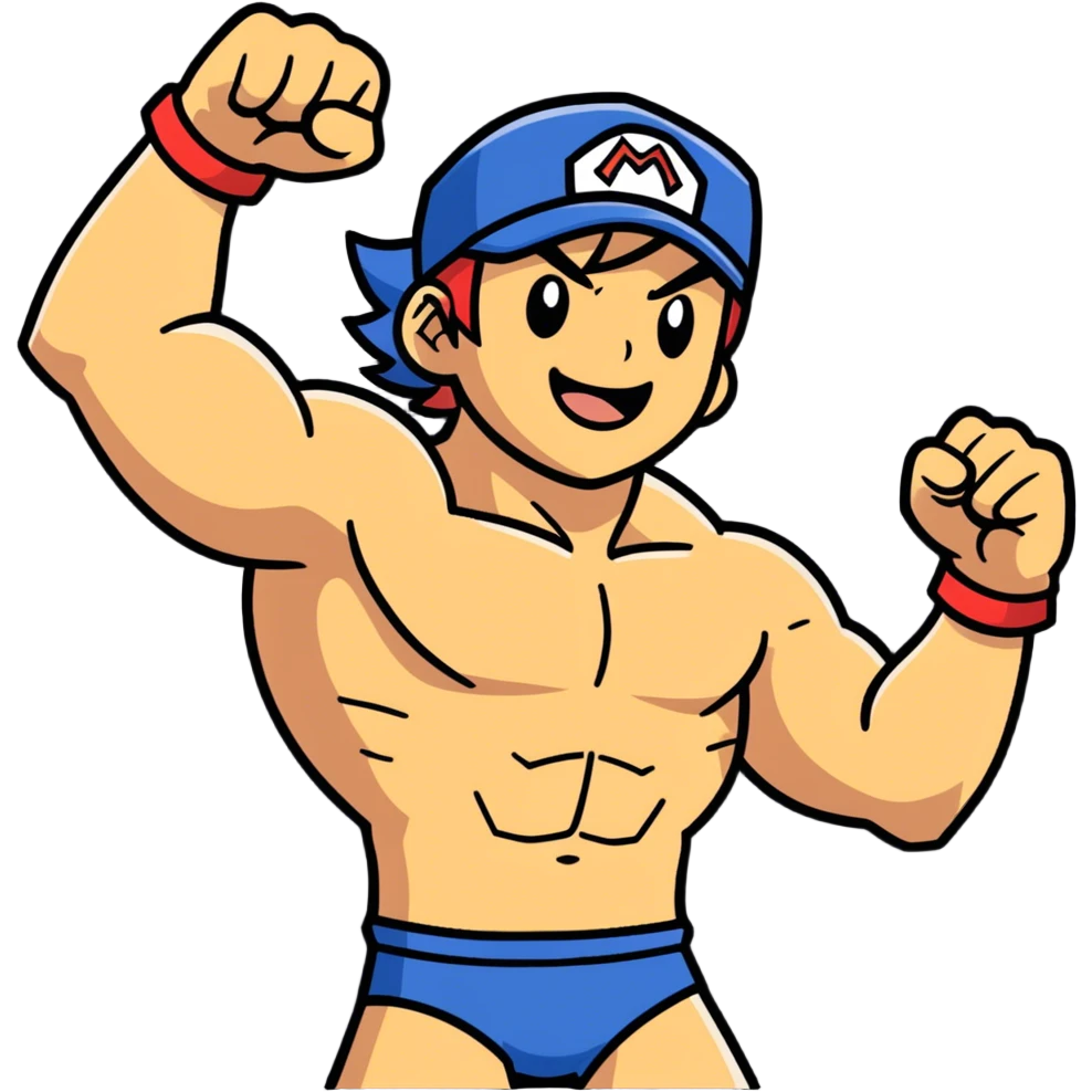 Hot handsomeb muscular 6ft 5inch tall smiling happy fun shirtless Ash Ketchum one fist raised in celebration the other hand on the front of  his thigh emoji