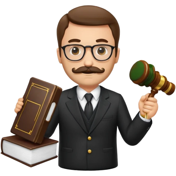 “Create a clean, modern emoji-style illustration of a male lawyer. He is wearing a formal suit jacket. He is holding a judge’s gavel (QUE SE VE DE COSTADO) in one hand and has a law book tucked under his arm. He has a mustache and beard (BARBA)!, and GLASSES emoji