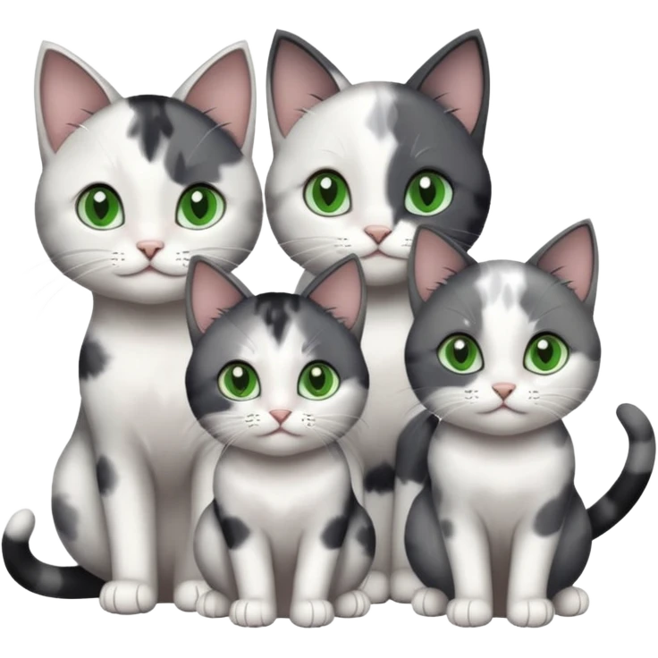 3 different coloured small cats including a dark grey and white, and a patchy calico and a completely solid dark grey with green eyes and only white paws emoji