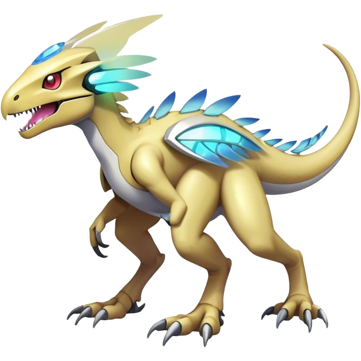 Shiny Futuristic Ethereal Fakemon-Pokemon-Digimon-Spectrobes-Raptor-fusion, full body, four legs emoji