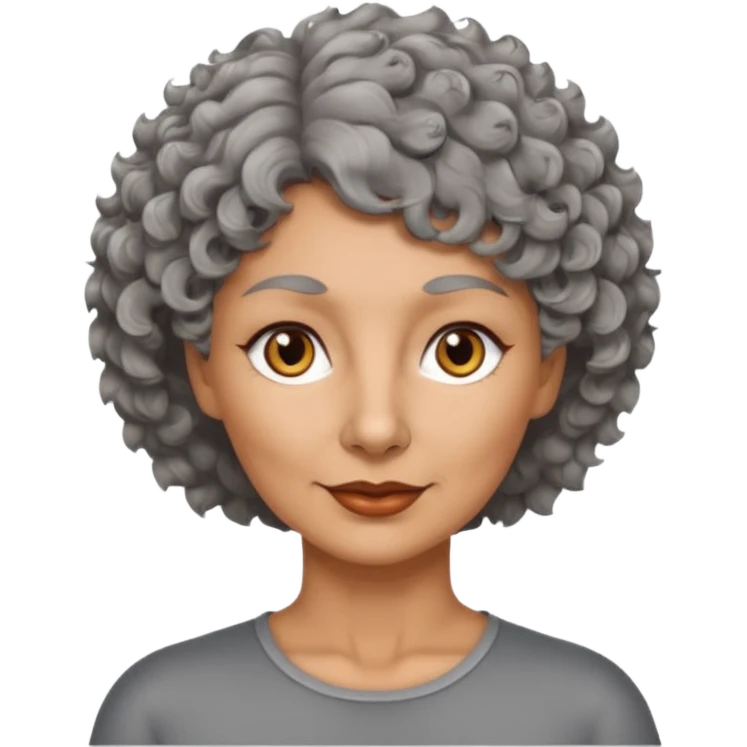 woman 50 years old, tanned skin, short grey curly-wavy wolf cut hair, brown eyes emoji