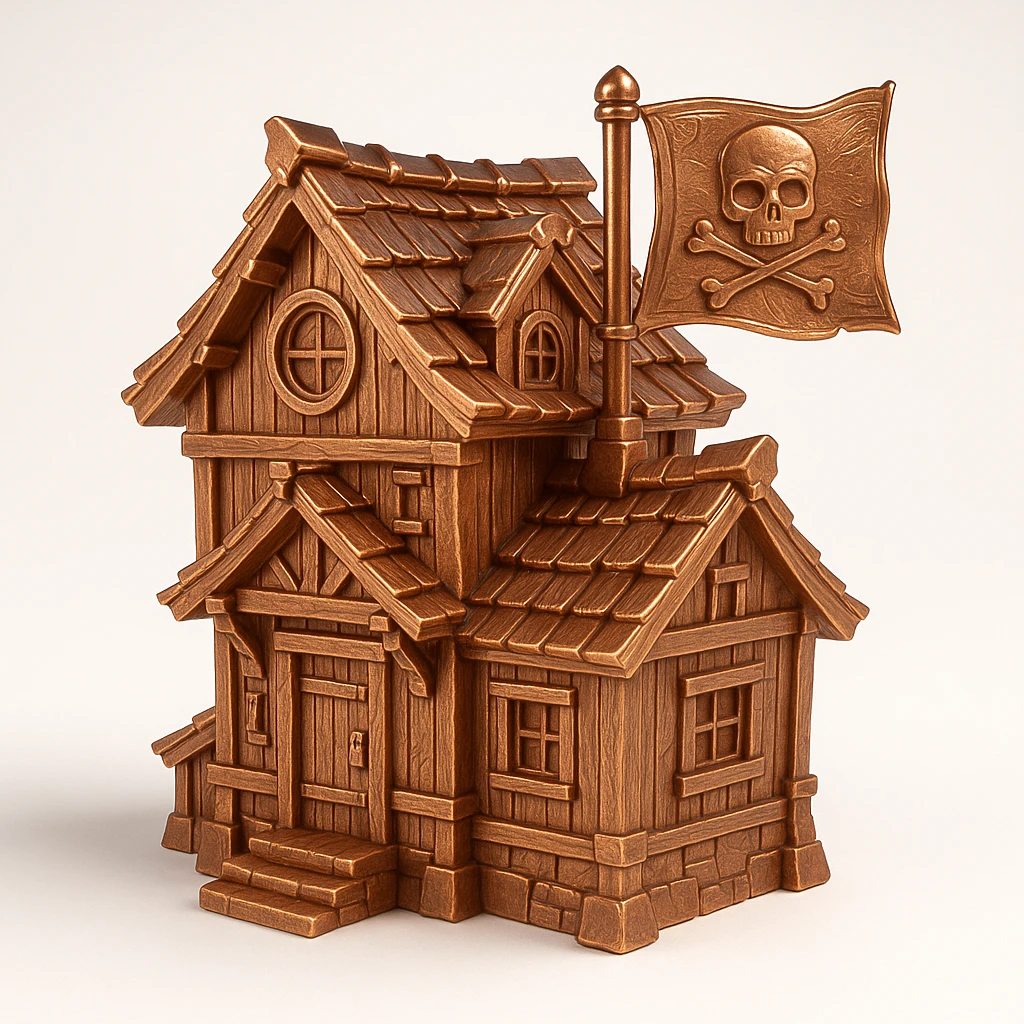 old pirate's house with skull flag emoji