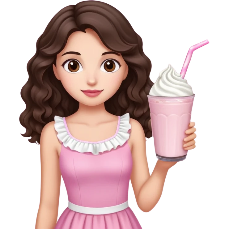 Wavy brunette hair and brown eyes pink dress and holding oreo milkshake in her hands and it's a girl emoji