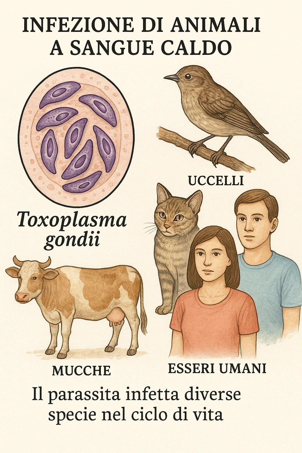 Toxoplasma gondii, che infetta tutti gli animali a sangue caldo, compreso l'essere umano in italiano emoji