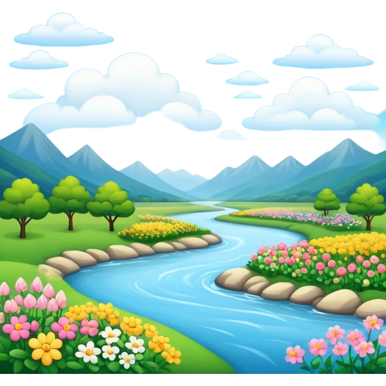 landscape with river, flowers, and clouds emoji