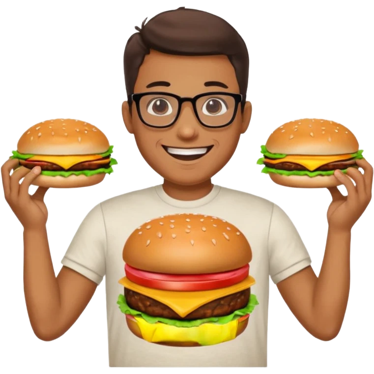 Man with Glasses & Burger – smiling guy in T-shirt, holding big burger with both hands.




































 emoji