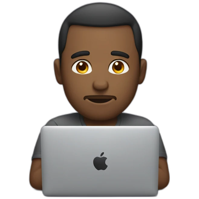 man working on his macbook laptop looking down with his eyes emoji