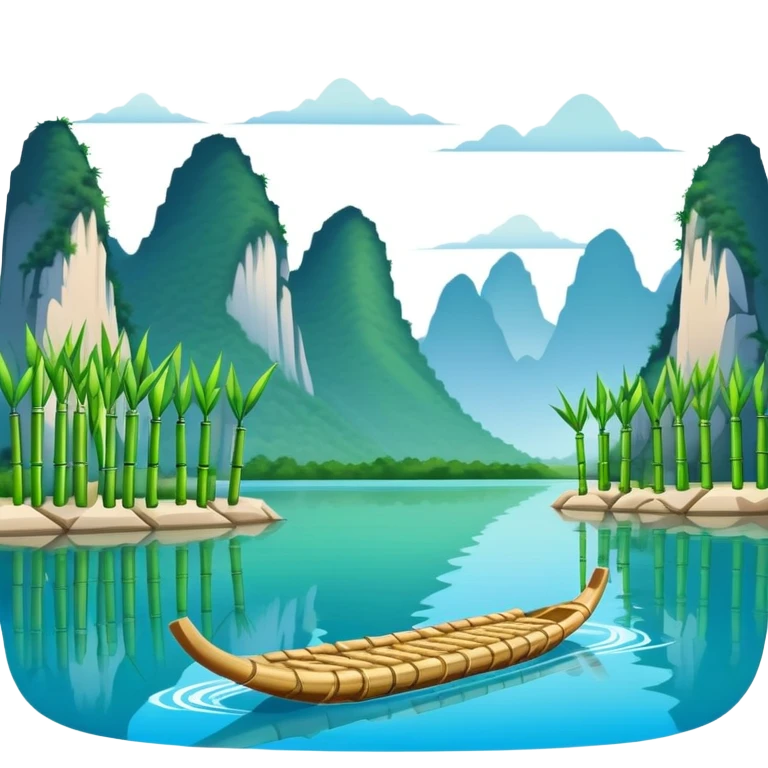 Li River Guilin with karst mountains and bamboo raft, simplified emoji style with bold outlines and bright colors, cartoon style limestone peaks with river emoji