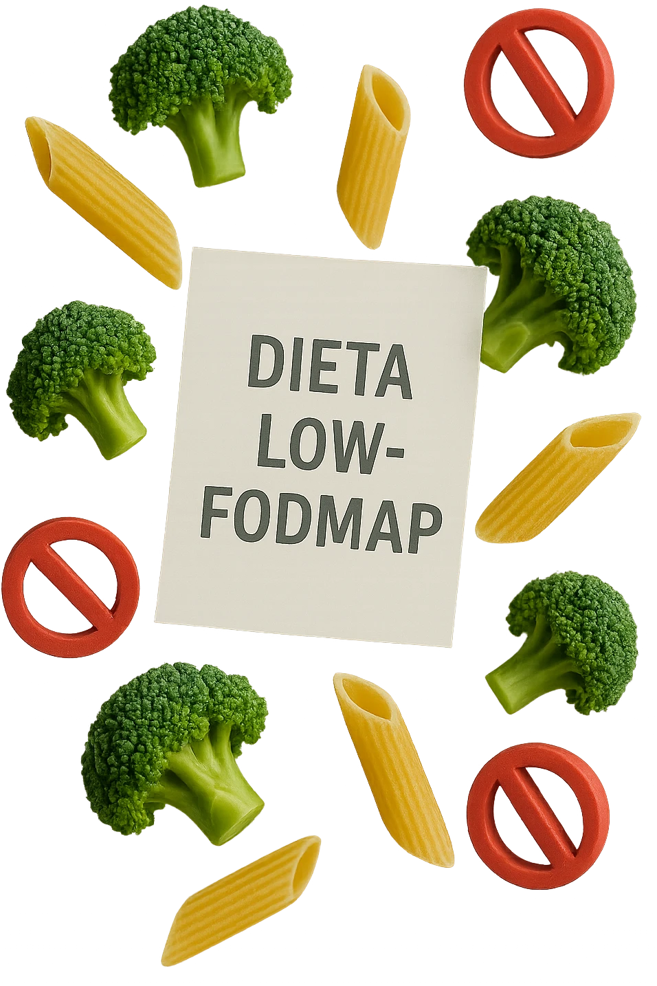 BROCCOLETTI E PENNE DI PASTA RIGATE FLUTTUANO IN ARIA insieme a piccoli divieti 3d, DAVANTI A LORO FLUTTUA UN FOGLIO CON LA SCRITTA "dieta low-fodmap" emoji