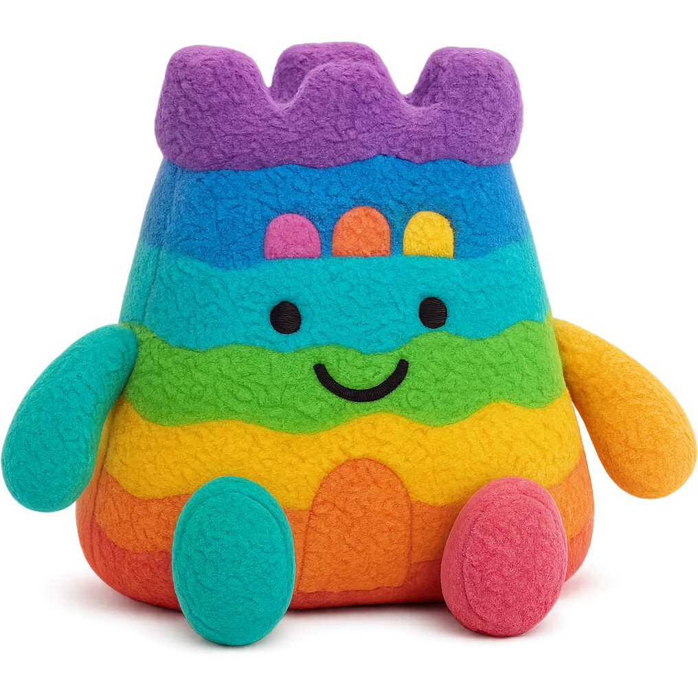 Make the cuddly jellycat sand castle plush more colorful using a variety of cheerful colors, keep the plush texture, no background, soft plush toy style emoji
